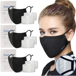 Euroca Reusable Face Masks with Filter Made from Cotton Fabric Breathable Washable with Nose Clips Adjustable Ear Loop Filters for Men Women Teens (3 Pack Woman Black Upgraded)
