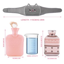 RISAKOGO Hot Water Bottle Belt, 1 Litre Hot Water Bottle with Cover, 3 Portable Hot Water Bottle Belt, Cat Rubber for Adults and Children, Hot Water Bottle, Christmas Gifts