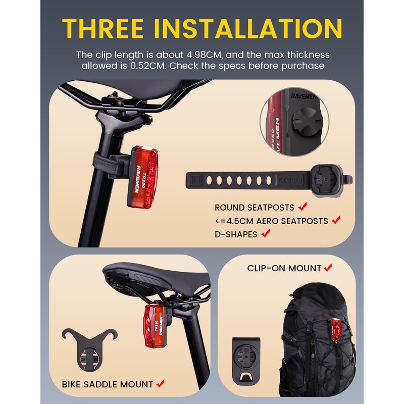 RAVEMEN TR250 Tail Light, Bicycle, Rear Light, 3 Mounting Methods,