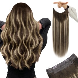 YoungSee Wire Hair Extensions Human Hair Balayage Fish Line Human Hair Extensions Ombre Dark Brown with Ash Blonde Straight Wire Extensions Real Human Hair Softness Human Hair Extensions 14Inch 80G