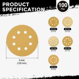 Kozelo 100er Pack Schleifscheiben-Set 125mm 5 Zoll 60/80/120/220/320 Körnung 8-Loch Klett-Schleifpapier für Trockenbauschleifer Holz Metall