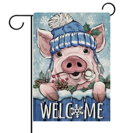 Dyrenson Welcome Winter Pig Decorative Garden Flag, Farm Animal Snowflake Yard Outside Home Decorations, Farmhouse Christmas Seasonal Rustic Burlap Outdoor Small Decor Double Sided 12 x 18