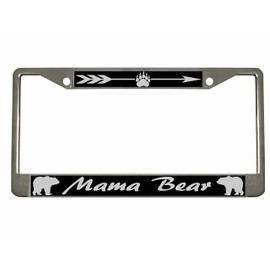 Mama Bear Design Heavy Duty Metal Car License Plate Frame Auto Tag Holder/Great Gift for Momma Bears, Expecting Mothers, Baby Shower (Chrome/Black/Silver)