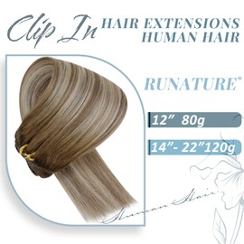 RUNATURE Clip in Human Hair Extensions Real Hair Blonde Ombre Brown Clip in Hair Extensions Human Hair Blonde Ombre Clip on Extensions Real Human Hair 14 Inch 120 Gram 7PCS