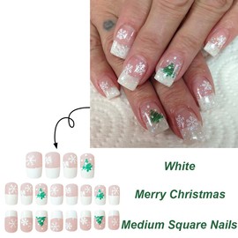 24 Pcs Snowflake Press on Nails Short French Tip Fake Nails with White Snowflake Christmas Square False Nails Winter Holiday Xmas Stick on Nails Glossy Glue on Nails for Women and Girls Nails