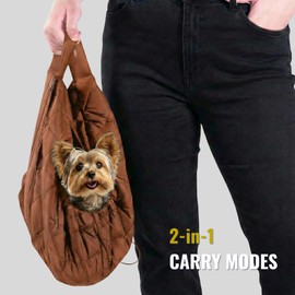 SUSU PET CO. Small Dog Carrier Sling – Copper Brown Hands‑Free 2‑in‑1 Cross‑Body & Handheld Pet Sling for Small Toy Dogs up to 3-8 lb, Parachute‑Grade Rip‑Stop Nylon, Padded Strap & Safety Tether