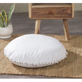 Funda de cojín de piso para manualidades, funda de cojín decorativa de mandala, tamaño grande con pompones, partículas suaves, funda de puf redonda, decoración de yoga, 32 pulgadas, color blanco puro