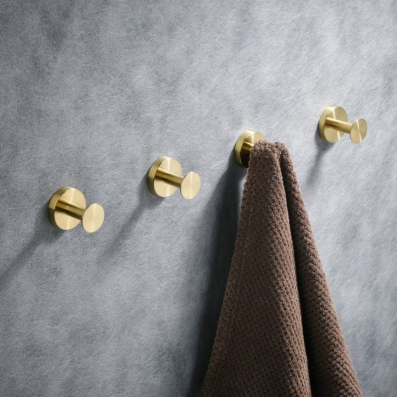 Beelee Brushed Gold Wall Hooks, 4-Pack Bathroom Towel Hooks, Robe