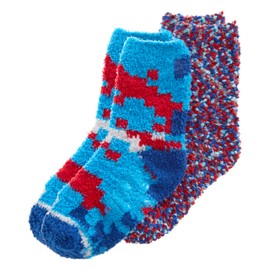 WS-AW23 Boys 2 Pairs Fluffy Snuggle & Popcorn Socks Cosy Bed Socks Non Slip Pixel Designs Blue 12.5-3.5