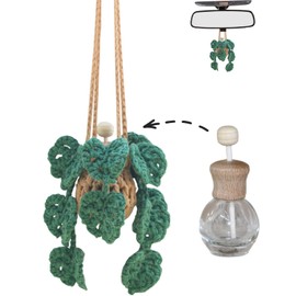 Cute Car Air Freshener 12ml Empty Refillable Essential Oil Car Diffuser Bottle with Cute Crochet Car Plant Monstera,Green Car Accessories for Car Mirror Decor Hanging and Home Decorative Pendants