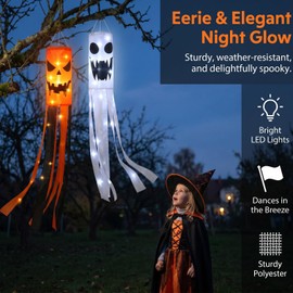 2Pcs Halloween Ghost Windsock with Lights Outdoor Decor