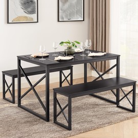 VECELO VECELO Kitchen Table with 2 Benches for 4, Wood Dining Room Dinette Sets with Metal Frame for Breakfast Nook and Small Space, Black