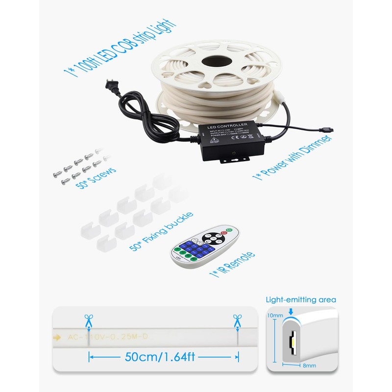 AC 110V~120V COB Led Strip Lights 100FT/30M White Led Rope