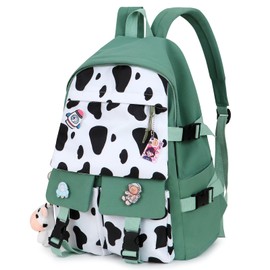 Unineovo Cow Print Backpack for Teen Girls, Cute Travel School Backpack with Plush Pendant for Girls Middle School Large Bookbag 17.7inch, Green