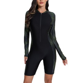 Halcurt Women's Boyleg One Piece Rash Guard with Built in Bra UPF50+ Zip Long Sleeve Full Body Modest Swimsuit Yellow Triangle Dots Black M