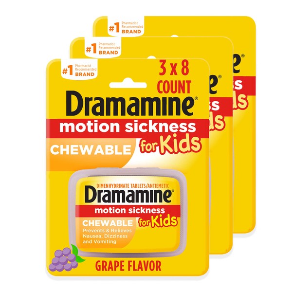 Dramamine Motion Sickness for Kids, Chewable, Dye Free, Grape Flavored, 8 Count (Pack of 3)