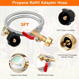 Propane Refill Adapter Hose for 1 lb. Tanks, Propane Tank Adapter with Gauge and ON/Off Control Valve, 3 FT Stainless Steel Hose with 2 Bottle Caps, Fill 1 Pound Bottles from 5-40lb Tank