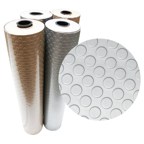 Rubber-Cal Coin Grip Metallic PVC Flooring, Silver, 2.5mm x 4' x 5' (03-W265-S-05)