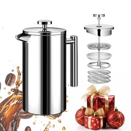 WORBIC French Press Coffee Maker 34oz, Stainless Steel Double Wall Insulated, 3 Extra Filters & Coffee Spoon for Hot/Cold Brew, Durable Coffee Press for Home, Camping, Office - Silver