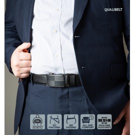 QUALIBELT Ratchet Belt for Big and Tall Men – Dress Leather Belt with Slide Buckle, 1.38" Trim-to-Fit, Durable No Belly Pinch, Chessboard/Black, Waist 32"-38" Adjustable