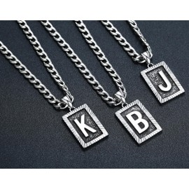 XIRUVE Length Adjustable Vintage Stainless Steel Initial Letter A-Z Rectangle Pendant Necklace for Men Women 6mm Width Cuban Chain