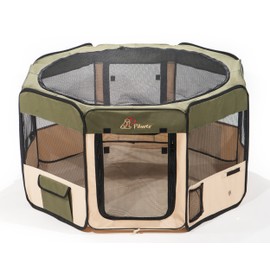 Pawer 45”×24” 8-Panel Foldable Pet Playpen, Olive+Beige, Personalize Embroidery Extra Fabric Piece Available, for Cat/Dog/Puppy, 600D Oxford Cloth Portable Indoor & Outdoor Kennel with Carry Bag