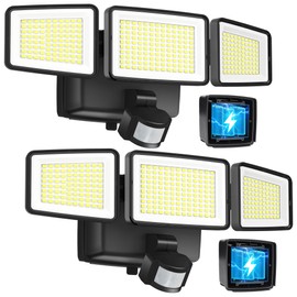 UME Battery Powered Motion Sensor Outdoor Lights 302 LED 1800LM, IP65 Waterproof Battery Operated Flood Lights Outdoor, 3 Heads Security Motion Light with 3 Modes for Garden Patio Yard, 2 Pack (Black)