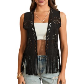 Edhomenn Women's Tassel Vest 70s Hippie Faux Suede Fringe Jacket Cardigan Solid Color Open Front Sleeveless Y2k Jacket (10 Black, S)