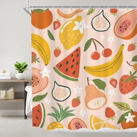 Imirell Summer Fruit Shower Curtain 72Wx72H Inches Strawberry Watermelon Tropical Kids Girls Cute Papaya Lemon Pitaya Cherry Cartoon Colorful Fabric Waterproof Polyester with 12 Pack Hooks Plastic