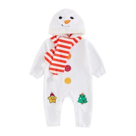 Bufarromio Infant Baby Boys Girls Christmas Outfits Snowman Plush Hooded Romper Long Sleeve Jumpsuit Scarf Newborn Clothes Set 0-24M (White, 6-12 Months)