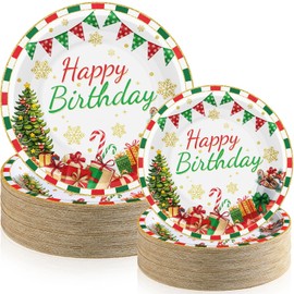 Jingmore 120 Pcs Christmas Paper Plates Round Disposable Plates Christmas Disposable Plates Christmas Plates Disposable Plates for Christmas Party Winter Dinner Supplies(Christmas Birthday,Colorful)