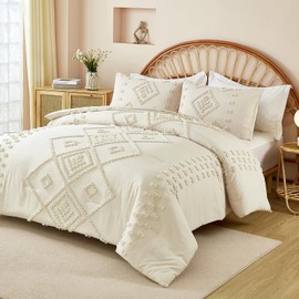 Dinjoy Boho Comforter Set Queen,Cream/Beige Shabby Chic Bedding Set 3 Pieces Fluffy Farmhouse Comforters Soft Jacquard Embroidery Modern Tufted Bed Set for Women Men Summer