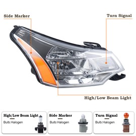 KAMDKI Right Passenger Side Headlight FIt for 2008 2009 2010 2011 Ford Focus S/SE/SES/SEL Chrome Housing With Amber Reflector Headlamp Assembly 8S4Z13008E FO2503244