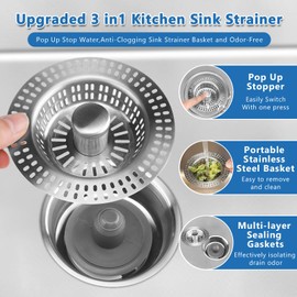 Ceecysaa Upgraded 3 in1 Kitchen Sink Drain Strainer & Stopper – Stainless Steel Pop-Up Sink Plug with Anti-Clogging Basket, Fits Standard 3-1/2'' Sink Drain Hole, Silver