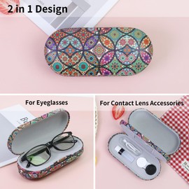 FlyingMage 2 in 1 Contact Lens Case and Eyeglasses Case for Women Men Kids, Double Sided Hard Shell Portable Glasses Travel Holder with Built-in Mirror, Contact Lens Box Storage Kit (Multicolor Totem)