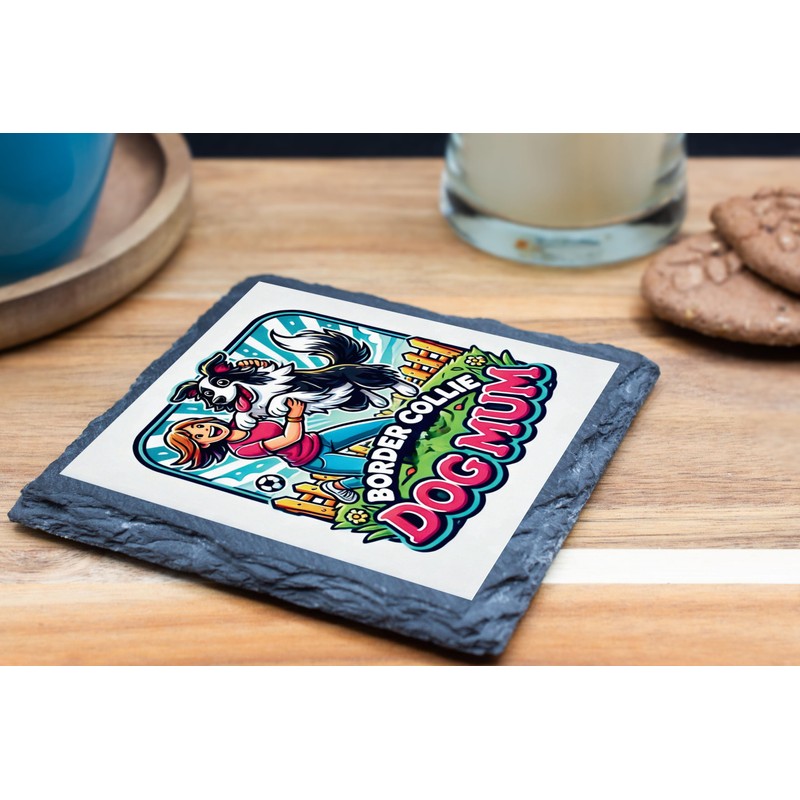 Border Collie Dog Mum Slate Coaster with Cute Cartoon Design,
