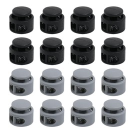 FunWorth Pack of 16 Cord Locks with 2 Holes (17 mm), Black/Grey, Laces, Quick Release for Shoes, Bags, Hats & Backpacks, Robust Plastic Cord Clamps with Metal Spring, Black and Grey