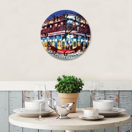 New Orleans City Landscape Wood Wall Clock 15 Inch Silent Non-Ticking Large Numbers Battery Operated Navy Veteran Military Retire Wall Clock Frameless Home Decoration for Church School Nursery