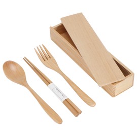 Wooden Tableware, 3PCS Japanese Style Wooden Cutlery Set with Case, Reusable Cutlery Set with 1 x Spoon, 1 x Fork, 1 x Chopsticks, Sushi Dinnerware Tableware for Family Travel