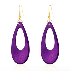 KVANU Bohemian Retro Black Brown Natural Wooden African Teardrop Dangle Drop Earrings Lightweight Handmade Long Big Vintage Wood Geometric Earrings for Women (Style-1-Purple)