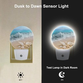 Uanvaha Seashell Nightlight Summer Beach Coral Starfish Blue Ocean Sea Waves Night Lights Plug into Wall Dusk to Dawn Sensor Round Night Light for Adults Boys Girls, 0.5W Energy Efficient