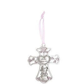 Ganz 4'' Ornate Baby Crib Cross Decor with Ribbon for Hanging (Jesus Loves Me - Pink)