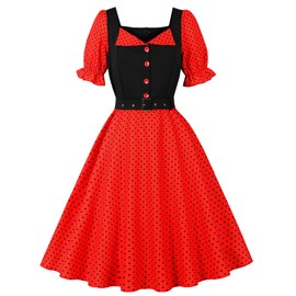 Wellwits Women's Puff Sleeves Lapel Decor Polka Dots Vintage Cocktail Dress Red M