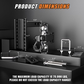 TIROL 2 Inch Adjustable Trailer Hitch Receiver with Shackle - 6 Drop/Rise Drop Hitch, 2'' & 2-5/16'' Ball Hitches, Dual Balls 25000 LBS Capacity - Heavy Duty Tow Hitch with Hitch Tightener