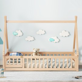 Bellemave Twin Size Tent Floor Bed for Kids,Teepee Bed with Door and Guardrails,Wood Floor Bed with Slats,Montessori Floor Bed for Girls Boys(Twin,Natural)