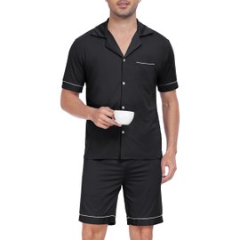 Sopesil Pyjamas for Men Cotton Shorts Sets Button Down Men's Pjs Short Sleeve Soft Sleepwear Soft Loungewear Comfy with Pockets, Black, S