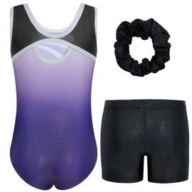 Gogokids Girls' Three-Piece Sleeveless Gymnastics Leotard Set with Shorts & Hair Tie, Kids Glitter Gymnastics Outfits with Rhinestone Accents & Crossback Design Sparkling Ballet Unitards for Age 11-12