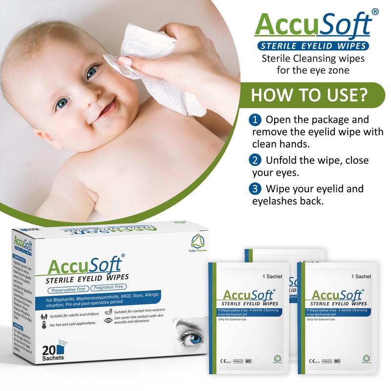 AccuSoft Sterile Eyelid Wipes for Blepharitis, Blepharoconjunctivitis, MGD, Styes, Allergies,