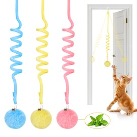 Potaroma - 3 juguetes colgantes de bola de peluche con campanilla para gatos con hierba gatera, juguetes retráctiles interactivos para gatos, para jugar, perseguir y ejercitar a gatitos en interiores