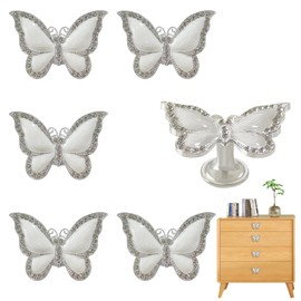 DEEKOUDT Butterfly Cabinet Knobs for Dresser Drawers, 6pcs Zinc Alloy Decorative Knob for Drawers Dresser Wardrobe Cupboard Glass Door Home Hardware Vintage Pulls Handles (Silver)